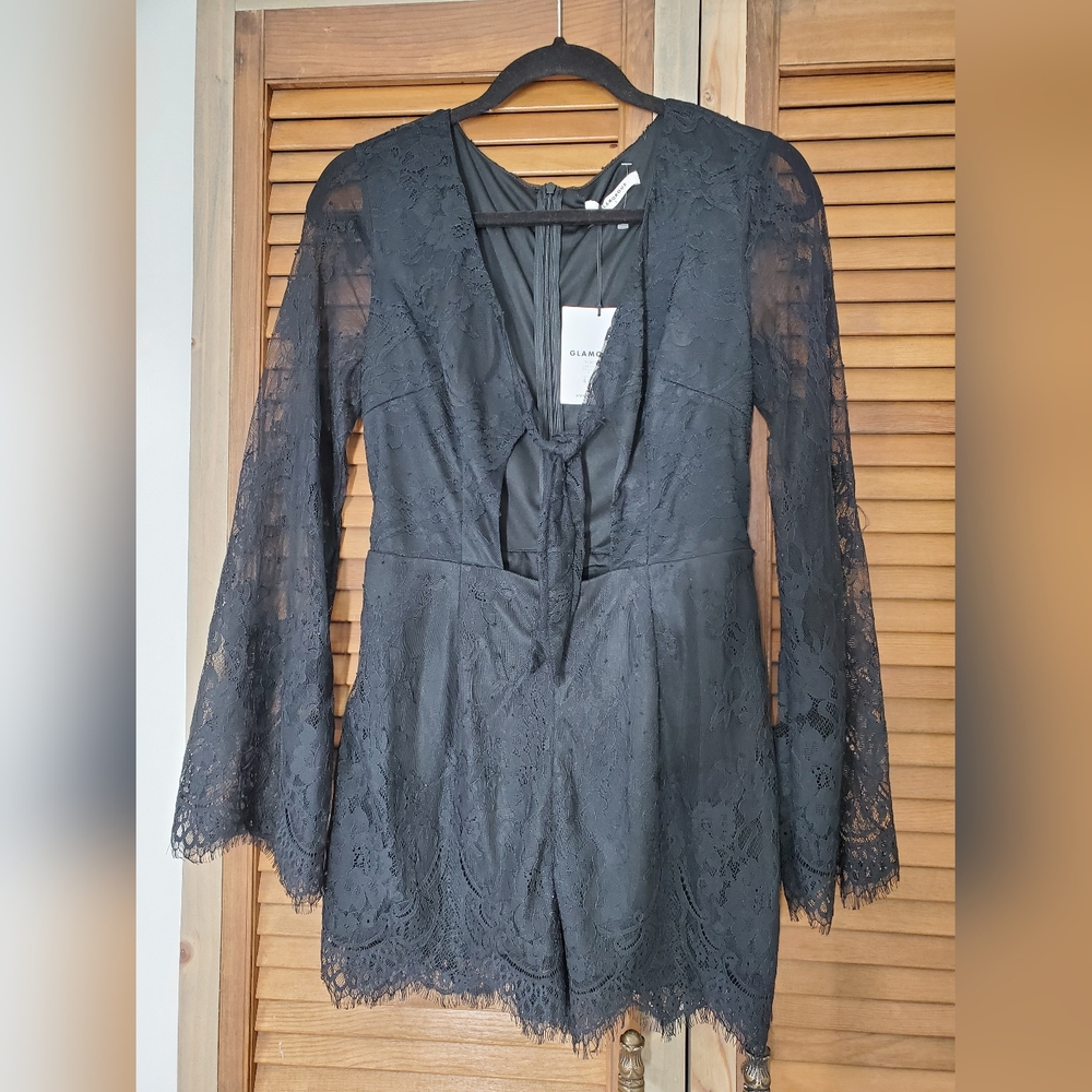 Glamorous black Long Sleeve Lace Front Tie Romper NWT